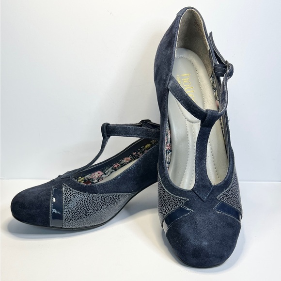 Hotter Georgette T-bar Shoes 👠 Navy Blue Suede Leather, Round Toe Heels - Picture 3 of 12